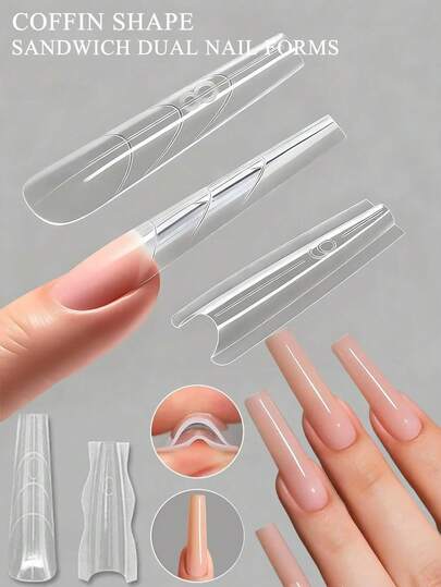 FULL BEAUTY 60 piezas Moldes de uñas en forma de ataúd trapezoidal Sandwich Dual para extensiones de uñas de gel, moldes transparentes superior e inferior para salón de manicura, fácil extensión