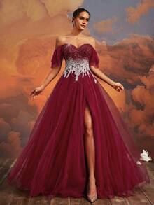 VIPGIRL Heavily Beaded Long Evening Gown, High-End Formal Banquet Party Elegant Maxi Dress With Train - Burgundy - View 3