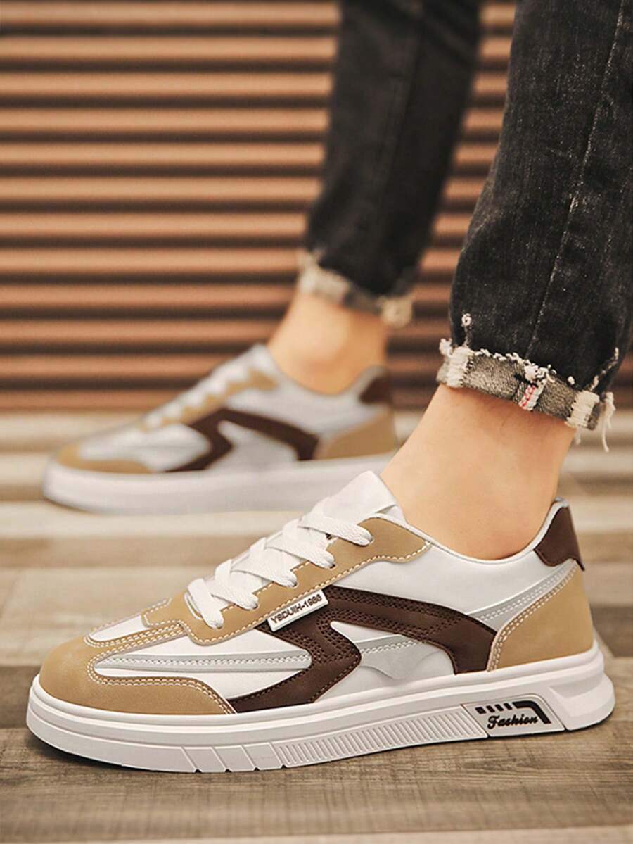 Zapatos de skate de moda para hombre, zapatos casuales con cordones y bloques de color, zapatos de skate planos con cordones de material PU, zapatos de skate clásicos para hombre, adecuados para estudiantes y adolescentes, adecuados para el uso diario, el trabajo y los deportes, nuevos zapatos sin cordones para hombre para todas las estaciones. - Caqui - Ver 1