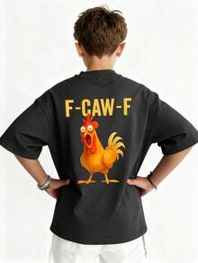 Boys & Teens Casual Printed Crew Neck Short Sleeve T-Shirt, Summer Top - Dark Grey - View 1