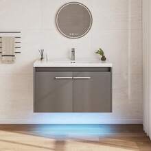 31" Floating Bathroom Vanity With Sink, Modern Bathroom Vanities LED Light, Black Bathroom Sink Cabinet With 2 Doors & Metal Handles, Black/ White/ Grey - 灰色 - 查看 9