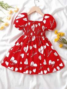 Young Girls' Heart Print Puff Sleeve Dress, Square Neck Waist Ruffle Hem, Sweet Princess Dress For Spring/Summer - Red - View 1