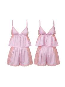 Summer Pajama Set For Women Sleeveless Lace Patchwork Camisole Tops Shorts 2 Pcs Outfits Sleepwear - Bright Pink - View 4