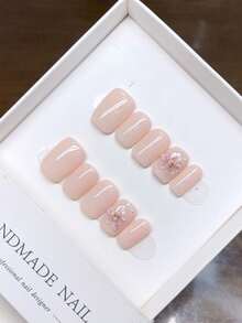 Pure Handmade Wearable Nails With Square Nail Shape, Hand-Painted Pink Carved Nails With High-Quality Temperament And Simple Design, Autumn And Winter, Full Coverage False Nails, Y2K Nails, Unique And Niche Creative False Nails, Daily Nails, Cute Modern Style Nails, Daily Use, Detachable Wear And Reusable - Multicolor - View 13