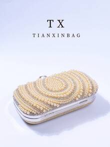 Pink Pearl Clutch Bag, Elegant Engagement Party Handbag For Cheongsam Dress, With Metal Chain Strap, Suitable For Party, Wedding, Prom, Banquet, Perfect Match For Women's Graduation Gown, Prom Dress, Sequin Dress, Shiny Dress, Formal Dress - Champagne - View 9