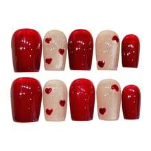10片红色亮面心形印花人造指甲，甜美手工按压式指甲，适合女性日常佩戴和派对场合 - 紅色 - 查看 14