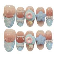 10Pcs Blue Donut Press On Nails With Star Bowknot Design Artificial False Nails For Women Daily Party Wear - Pink - View 11