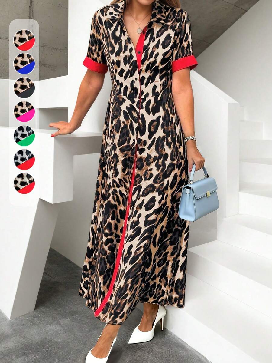 Women's Long Leopard Print Splice Contrast Trim Dress, Spring/Summer - Red - View 1