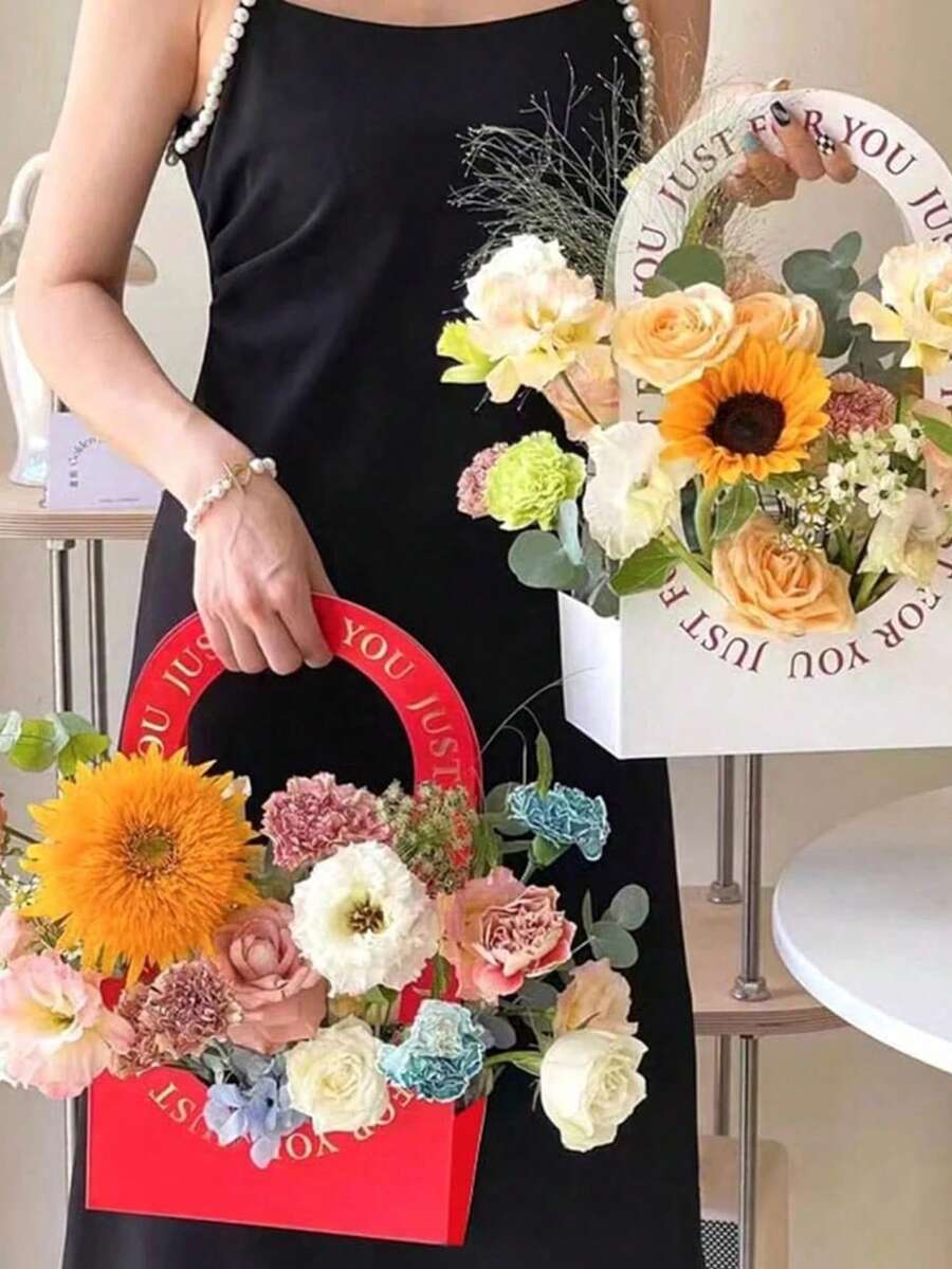 2个装可折叠纸花篮，手持式婚礼花束礼品袋，花卉包装，插花篮，婚礼装饰礼品，生日派对必备 - 彩色 - 查看 1