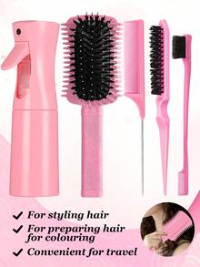 5件套女士顺发梳套装 - 卷发定型梳（顺发造型），可填充喷雾瓶（细雾），护肤清洁套装（6.8盎司），蓬松发梳（尖尾梳），边缘梳（用于梳理发际线和后脑勺），告别毛躁，轻松打结，适合直发、长发、粗发、卷发和自然发质（粉色、紫色、绿色）