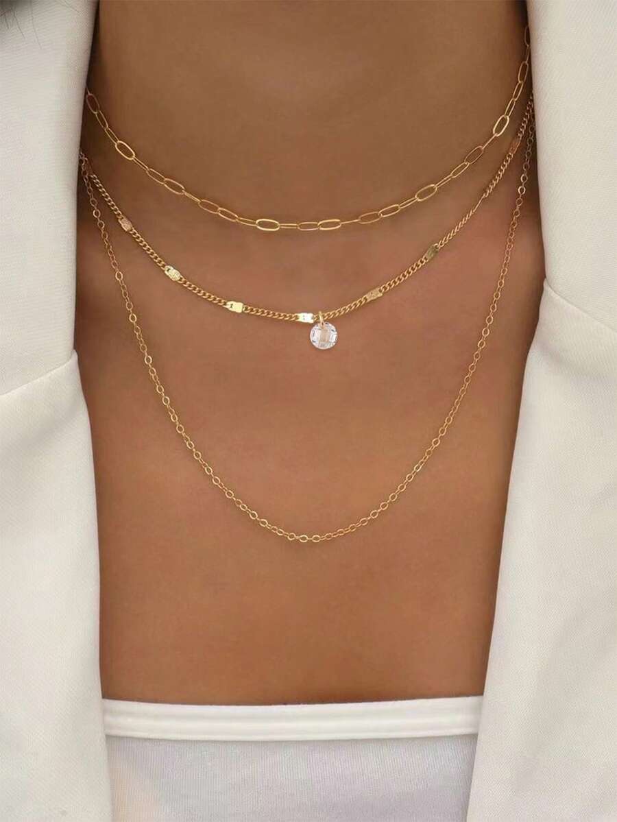 3pcs Layered Necklace Set, Minimalist Style Classic Geometric Paperclip & Flattened Cubic Zirconia Pendant, Suitable For Women Vacation Wear - Yellow Gold - View 1