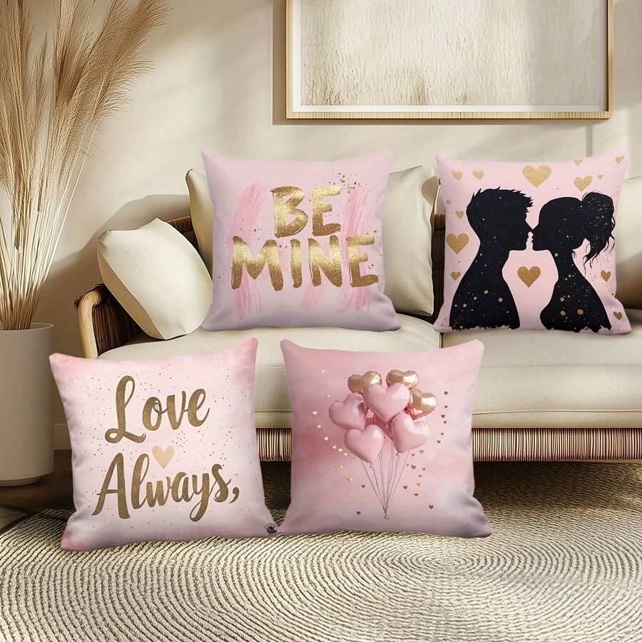 Valentine's Day Pillow Cover - 'Belongs To Me' With Golden Glitter Heart And Romantic Balloon Design, Single-Sided Printed, Envelope Closure, 18x18 Inch For Porch, Patio, Farmhouse, Living Room, Sofa, Bed, Car, Western Bedroom Decor & Daily, Festivals, Parties Decor, Ideal For Valentine's Day Decorations - 樣式 1 - 查看 1