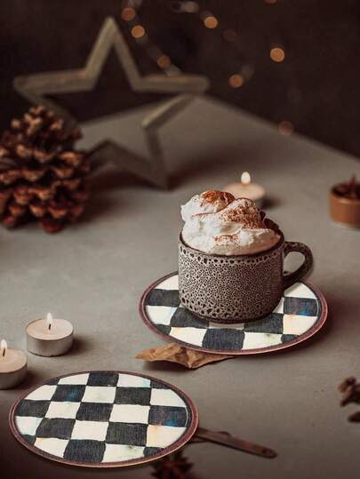 6pcs Black & White Wooden Coasters Set, Checkered Absorbent Coasters For Coffee, Tea, Coffee Table, Dining Table, Office Desk, Heat-Resistant, Suitable For Various Cups, Tabletop Decor For Living Room, Bedroom, Office, Tea Room