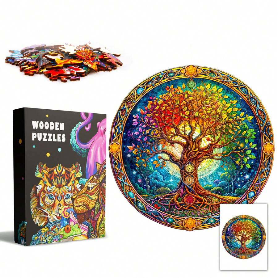 1PC Chakra Tree Of Life Wooden Asymmetric Puzzle, Animal-Shaped 2D Jigsaw Toy For Kids And Adults. Educational Game, Great Gift For Party, Holiday, Christmas And Birthday. Unique Magical Desktop Decor & Creative Wooden Puzzle Present - Multicolor - View 1