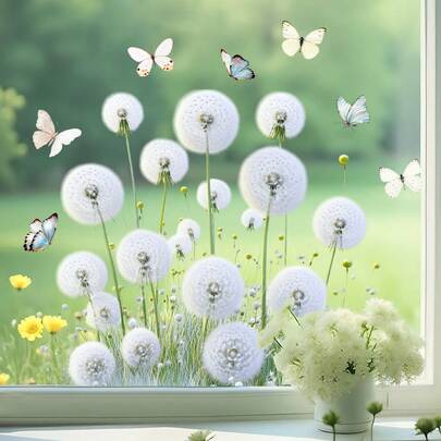 1pc White Dandelion Floral Butterfly Glass Sticker, Room Window Decor PVC Static Cling Sticker, Butterflies Dancing, Fresh And Natural Vibe, Attractive Sticker