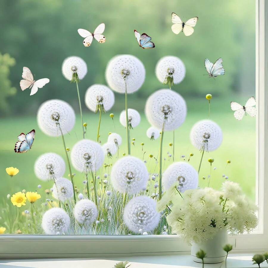 1片白色蒲公英花卉蝴蝶玻璃贴纸，房间窗户装饰PVC静电贴纸，蝴蝶翩翩起舞，清新自然，引人注目 - 約寬30cm長40cm - 查看 1
