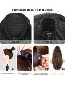 20 Inch Women's Drawstring Ponytail Wig - Heat Resistant Synthetic Wig, With Fixed Steel Fork And Breathable Design, Black Curly Wavy Ponytail, Suitable For Daily Use, Halloween - Black - View 10