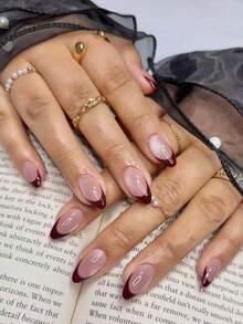 24片/套 Y2K 亮面杏仁形亚克力磁性猫眼美甲贴纸，杏仁形美甲设计，完美贴合假指甲，包含：1片果冻胶和1个指甲锉，酒红色法式猫眼美甲，适合女性和女孩日常佩戴，也适合派对和锐舞派对美甲用品。 - 彩色 - 查看 8