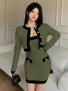 abyoxi 女款對比色金色單排扣長袖圓領短版針織開襟外套，搭配抹胸修身迷你洋裝，彈性針織面料兩件套，復古優雅迷人時尚，適合辦公通勤、日常穿著、休閒聚會、約會，秋冬穿搭 - 軍綠色 - 查看 5