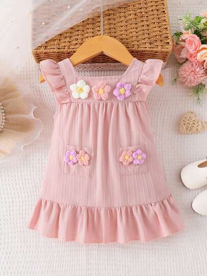 Baby Girls' Fashionable Casual Cute Embroidered Floral Square Neck Sleeveless Dress, Summer