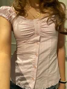 Women Button Down Lace Top V Neck Ruffle Low Cut Cap Sleeved Babydoll Cute Shirt Slim Fit Coquette Blouse - Hồng - Xem 5