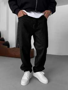 Straight Leg Cotton Washed Jeans, Versatile Wide Leg Washed Jeans, Loose Fit Straight Leg Jeans For Couples - Black - View 2