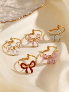 1pc Stainless Steel Fashionable Colorful Ombre Bowknot Ring, Suitable For Women's Daily Wear, Valentine's Day Gift - Multicolor - View 1