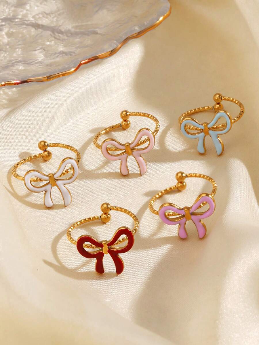 1pc Stainless Steel Fashionable Colorful Ombre Bowknot Ring, Suitable For Women's Daily Wear, Valentine's Day Gift - Multicolor - View 1