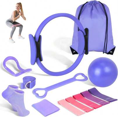 13PCS Pilates Kit, Juegos de Equipos de Fitness para el Hogar, 9.8 Inch Pelota de Yoga, Bandas de Resistencia, Anillos de Tensión, Anillos de Masaje, Equipo de Fitness Portátil