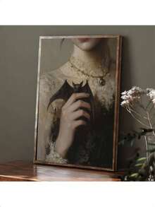 لوحة جدارية بتصميم خفاش بطراز جوتيك قديم بدون إطار، لوحة كانفاس لفتاة تمسك بخفاش بدون إطار، ديكور جداري مناسب للحمام والغرفة والمعيشة والمطبخ والمكتب - هدية مثالية للأصدقاء والعائلة، عيد الحب، رأس السنة، هدية افتتاح المنزل - متعدد الألوان - مشاهدة 3