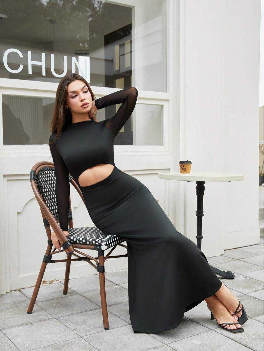 Women's Solid Color Dress, Mesh Patchwork Long Sleeve Tie Design, Elegant Casual Long Dress. Suitable For Autumn, Also Can Be Worn As Concert Outfit, Halloween Costume, Outgoing Dress, Wedding Guest Dress, Nightclub Dress Or Black Lace Dress