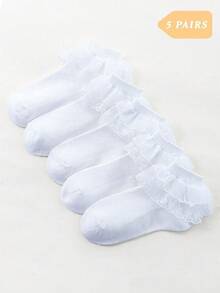 1/5双装女童蕾丝边网眼透气袜，柔软舒适，时尚花卉蕾丝边袜，适合日常生活、假期、派对、返校季穿着 - 白色 - 查看 7
