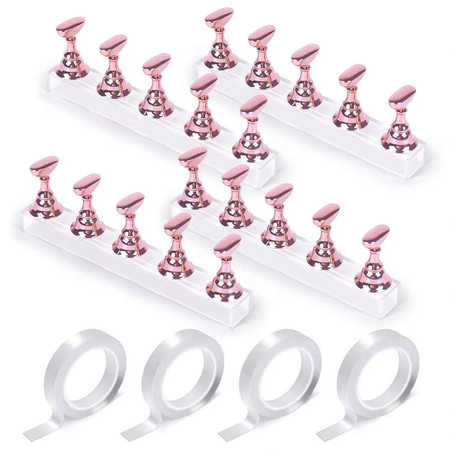 4 Sets Pink Nail Painting Practice Stand With 1M Double-Sided Tape Acrylic Fake Nail Art Holder For Press Ons Magnetic Nail Display Design Tools Kit Accessories For Home Diy Salon Supplies,Nail Tech Supplies,Nail Supply Storage,Nail Tech Essentials - pink 4PCS - 查看 1