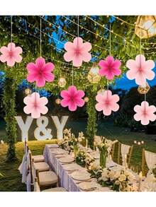 9pcs Handmade Pink Paper Flower Decor Set, Suitable For Birthday, Anniversary, Spring Party And Wedding - No Battery Required, Background Decor, Wall Decor - Multicolor - View 5