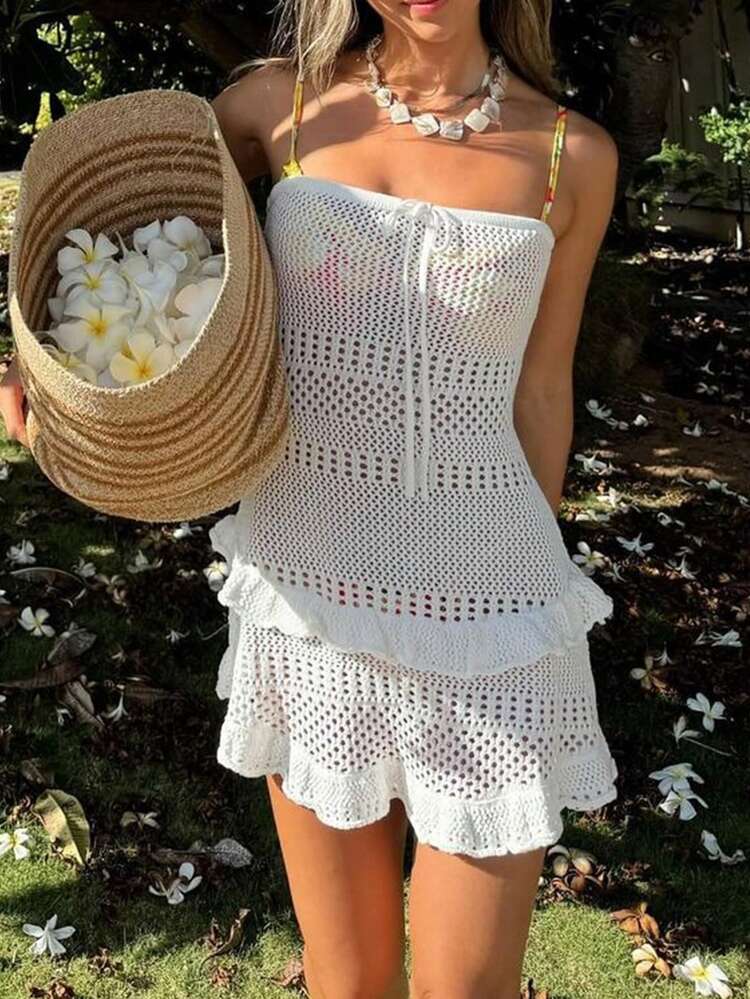 Mejors Women Y2K Sexy Casual Summer Knit Beach Cover Up Dress, Solid Color Hollow Crochet Front Tie, Suitable For Rave, Country Music Festival, Beach Vacation, Boho Style - White - View 4