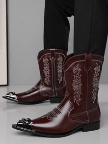 1 Pair Men's Pointed Toe Metal Toe Cap Embroidered PU Leather Upper Rubber Sole Slip-On Comfortable Casual Western Boots, Daily Wear - Burgundy - View 4