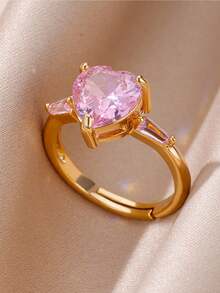 1枚粉色锆石心形戒指，女士款，18K镀金几何可调节开口戒指，婚礼美学情侣首饰，圣诞礼物 - 金黃色1 - 查看 11