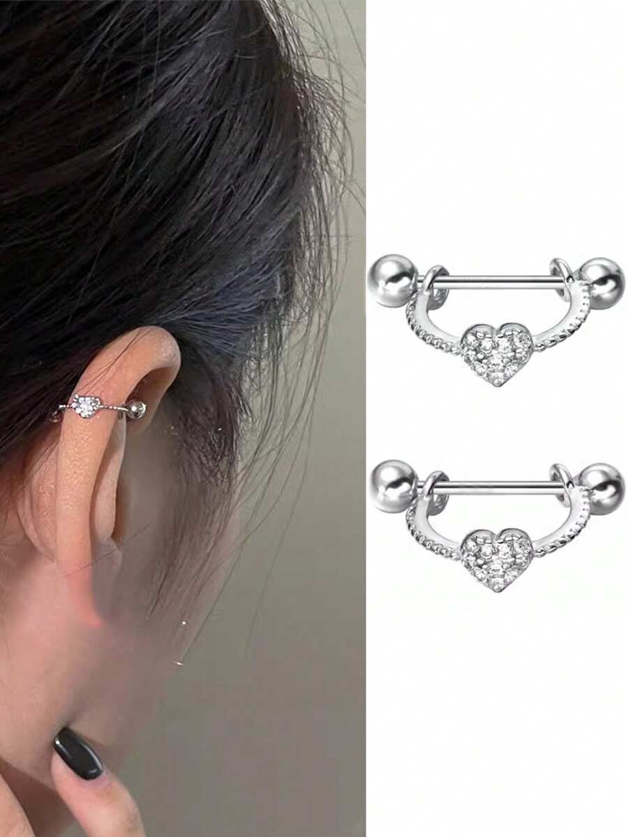 Nooxian 1对女士耳骨耳钉，铜镶嵌锆石心形螺丝耳钉，日常配饰礼品 - 銀色 - 查看 1
