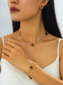 1 Set Women's Jewelry: 1pc Romantic, Delicate, Luxurious, Elegant, Sweet, Lucky Clover Pendant Necklace With Rhinestones, 1pc Bracelet, 1 Pair Earrings - Brown - View 3