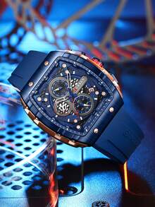 Fashionable Wine Barrel Shaped Large Dial Sports Watch With Unique Rectangular Hollow Design Quartz Watch, Equipped With Chronograph Automatic Date - Màu xanh lam - Xem 3