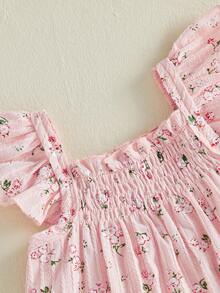 Conjunto de 2 piezas de verano para niñas pequeñas, camiseta sin mangas con cuello cuadrado y estampado floral, pantalones cortos con cintura elástica - Rosa - Ver 4