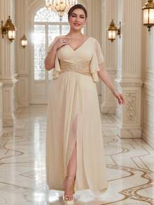 UNITHORSE Plus Size Bridesmaid Dress With Sequin Waist, Ruffle Hem And Side Slit, Chiffon - Apricot - View 1