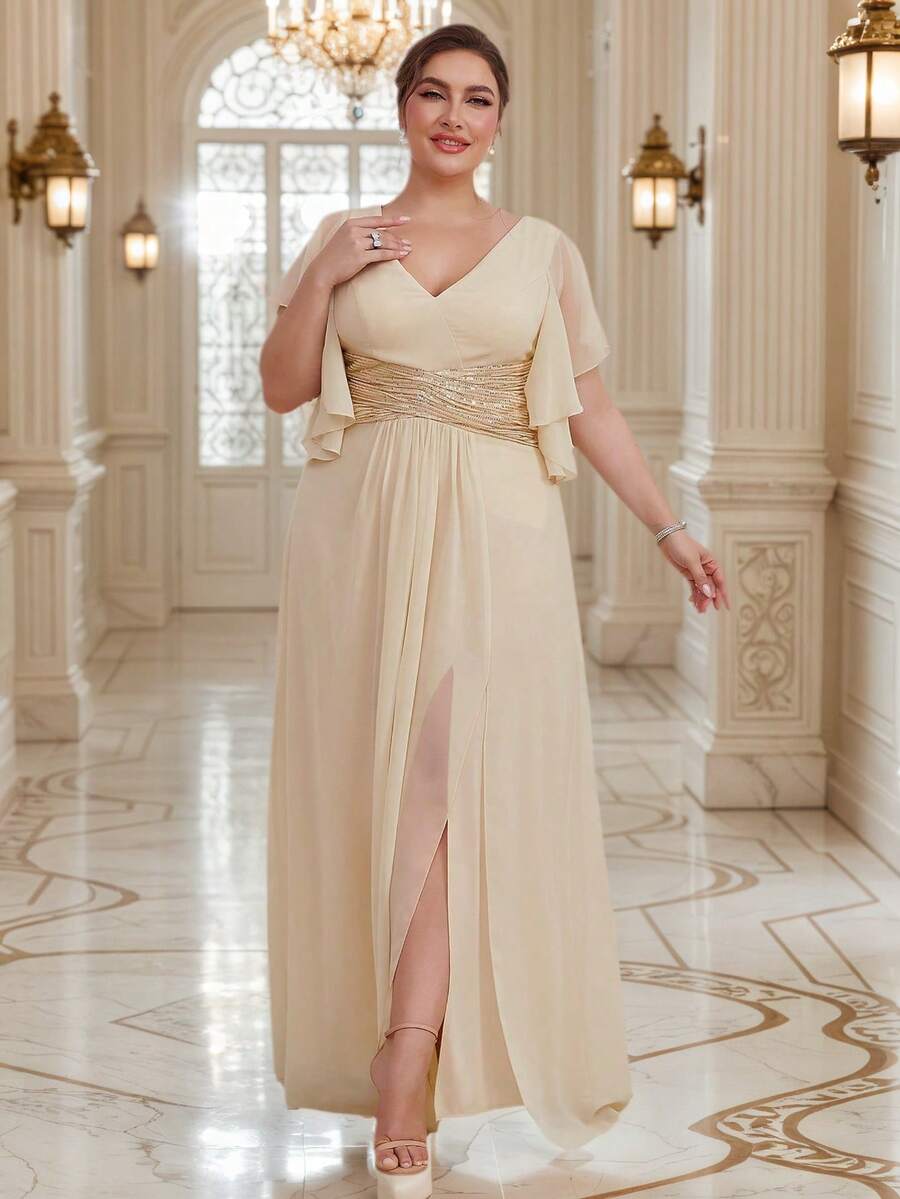 UNITHORSE Plus Size Bridesmaid Dress With Sequin Waist, Ruffle Hem And Side Slit, Chiffon - Apricot - View 1