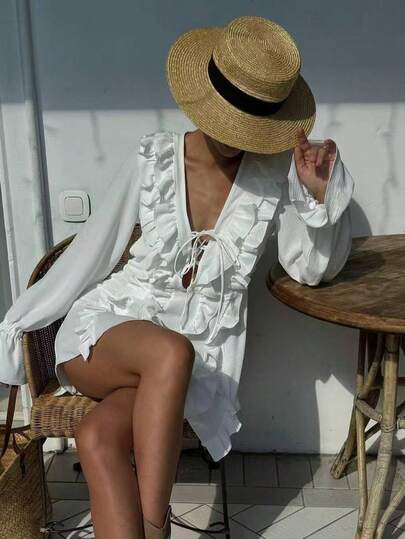 纯色浪漫荷叶边雪纺长袖V领休闲沙滩度假长裙