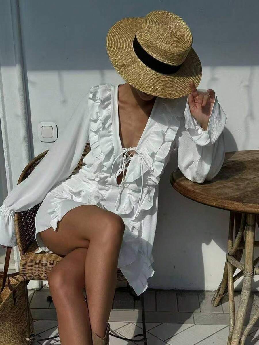 纯色浪漫荷叶边雪纺长袖V领休闲沙滩度假长裙 - 白色 - 查看 1