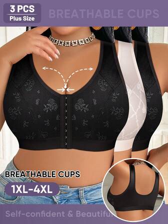 MEIYATING 3件套加大码女士花卉图案前扣式文胸，宽肩带，支撑性强，全罩杯无钢圈文胸，白色