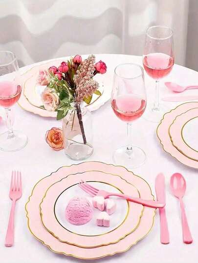 10/30pcs Pink Plastic Tableware Set, Suitable For Festival Parties, Mother's Day, Weddings, Birthdays And Gatherings - Fashionable Cake Knives, Forks And Spoons - Suitable For Formal Events And Dining