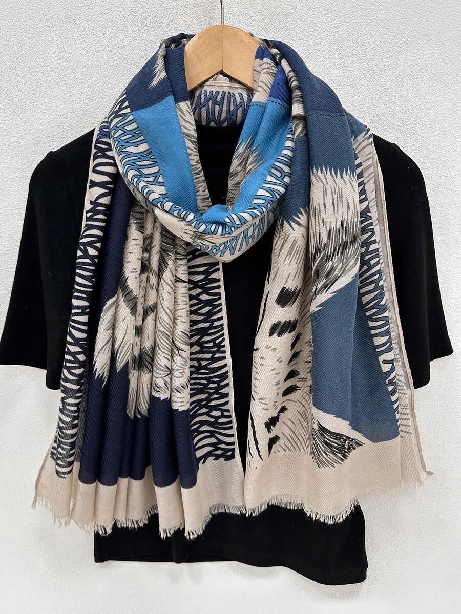 1件装女士动物纹轻薄围巾，时尚防晒披肩，适合旅行、海滩、四季佩戴 - 藏蓝色 - 查看 1