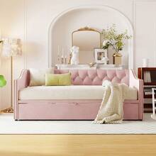 Merax Twin Size Upholstered Velvet Daybed With Pop Up Trundle, Multi-Functional Sofa Bed With Backrest And Two Armrest For Kids Room, Guest Room, Living Room - Pink - View 2