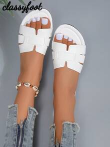Sandalias de mujer con estampado de serpiente, pantuflas planas blancas de verano para interior/exterior, atuendos de playa - Blanco - Ver 6